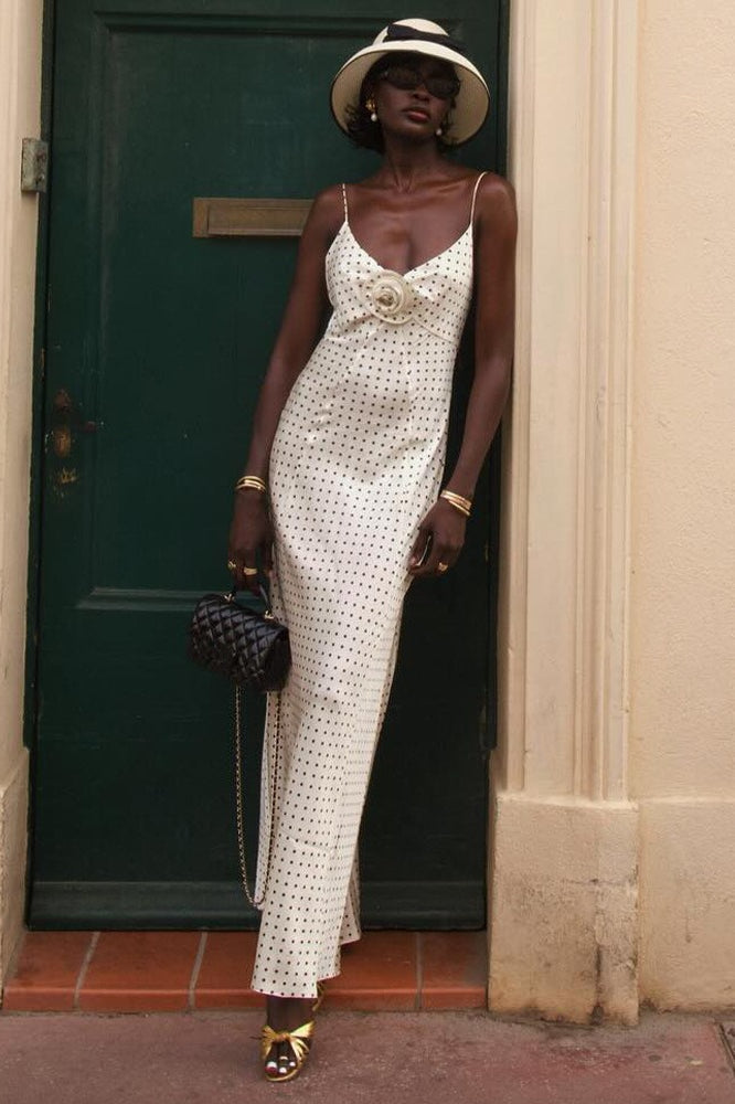Polka Dot Spaghetti Strap Floral Rosette Slip Maxi Dress