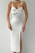 Sweetheart Spaghetti Strap Ruffle Trim High Split Bodycon Midi Dress
