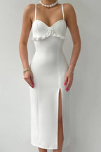 Sweetheart Spaghetti Strap Ruffle Trim High Split Bodycon Midi Dress