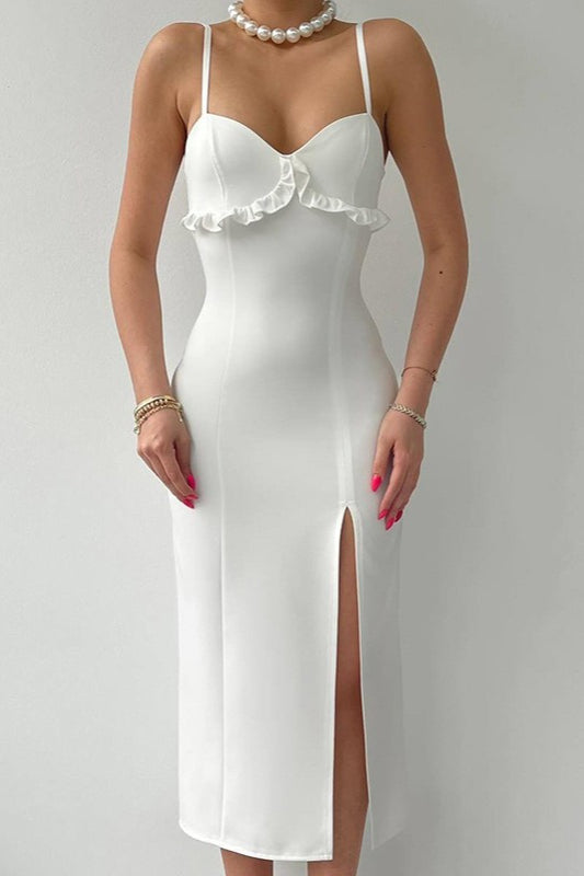 Sweetheart Spaghetti Strap Ruffle Trim High Split Bodycon Midi Dress