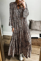 Avery Premium Apricot Tiered Leopard Print Maxi Dress with Wide Sleeves Chic Silhouette Collection