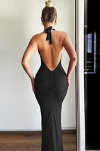Halter Neck Deep V-Neck Sleeveless Bodycon Maxi Dress