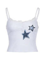 Lace Patchwork Star Print White Cami Top