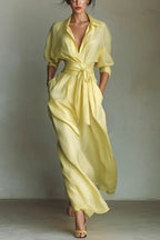 Solid Color Lapel Long Sleeve Casual Pocket Waist-cinching Maxi Dress