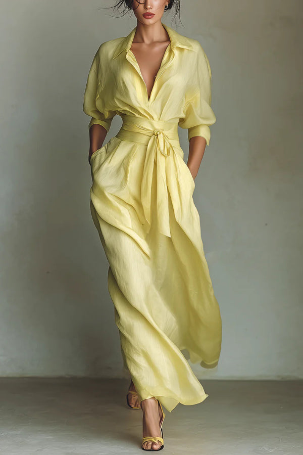 Solid Color Lapel Long Sleeve Casual Pocket Waist-cinching Maxi Dress