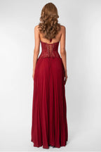 Halter Deep V Neck Lace Bodice Accordion Pleated Maxi Dress