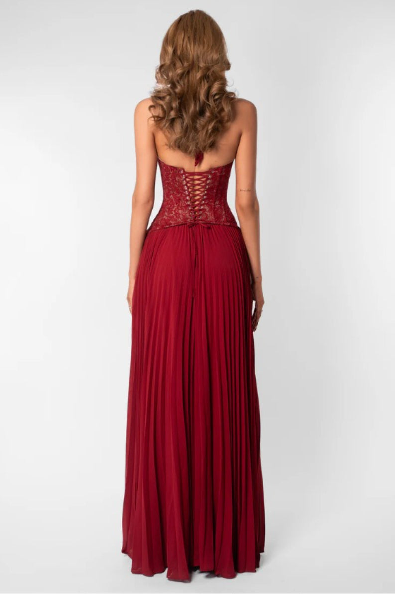 Halter Deep V Neck Lace Bodice Accordion Pleated Maxi Dress