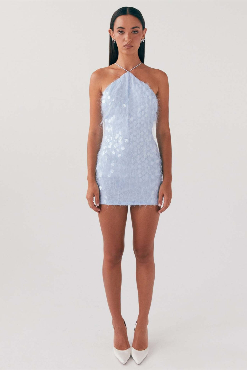 Blue Backless Halter Sequin Lace-up Dress