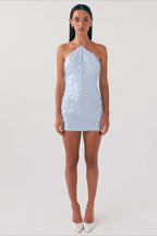 Blue Backless Halter Sequin Lace-up Dress