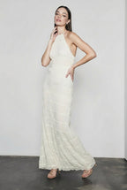 Chiffon Halter Neck Horizontal Tiered Ruched Maxi Dress