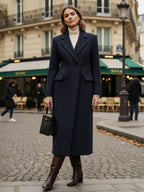 Woolen Double-Breasted Long Coat With Notch Lapel And Flap Pockets For Women 2026