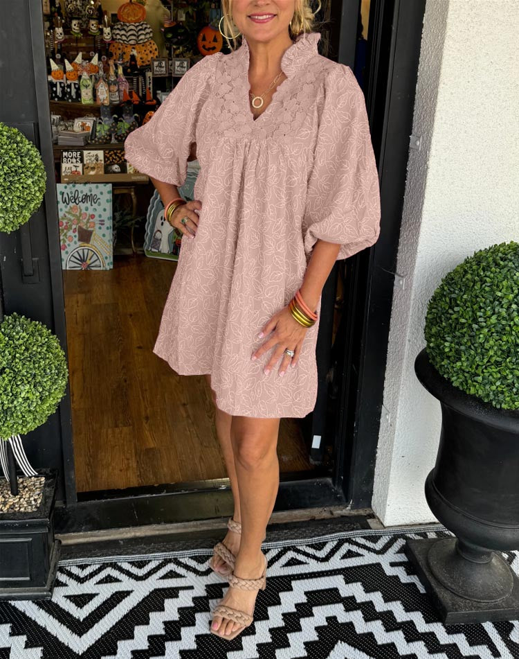 Puff Sleeve V-Neck Ruffle Collar Eyelet Yoke Tiered Mini Dress