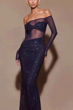 Blue Off Shoulder Rhinestone Maxi Dress