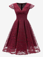 Vintage 1950s Midi Lace Dress for Women - V Neck Cap Sleeve A-line Cocktail Prom Gown - Wedding Guest Wear 2026