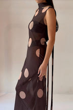 Brown Polka Dot Sleeveless Bodycon Maxi Dress