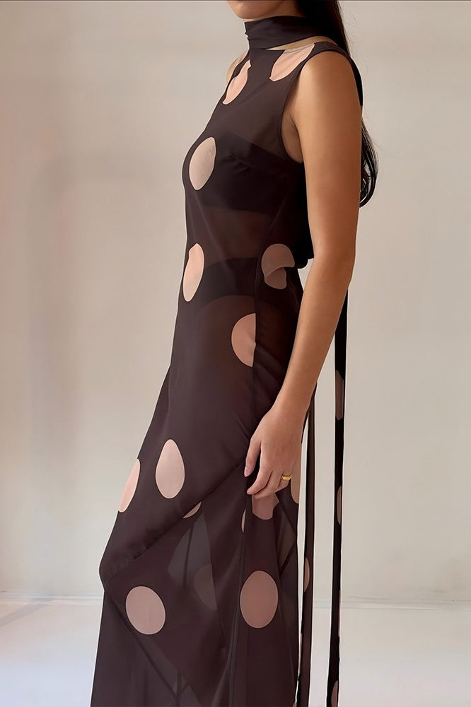 Sheer Mesh Polka Dot Scarf Collar Boat Neck Maxi Dress