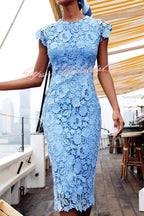 Floral Guipure Lace Crew Neck Cap Sleeve Bodycon Midi Dress