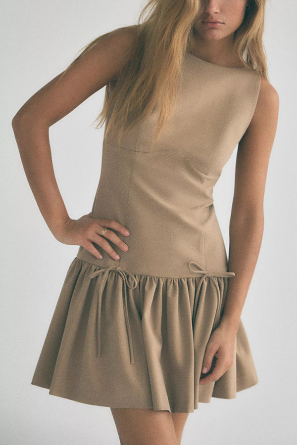 Velvet Bow Trim Drop Waist Gathered Pleated Mini Dress
