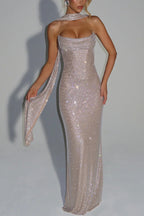 Mirabella Sequin Pleated Cowl Scooped Neckline Back Lace-up Strapless Maxi Dress