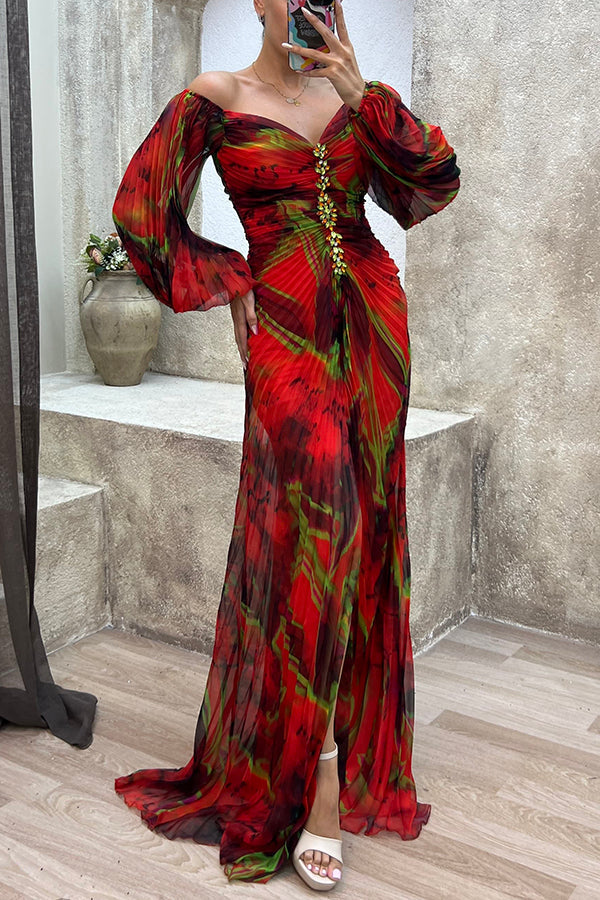 Off Shoulder Bishop Sleeve Jewel Embellished Plisse Abstract Print Maxi Gown