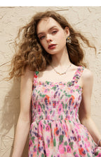 Square Neck Smocked Bodice Tiered Ruffle Floral Print Maxi Dress
