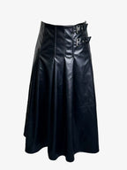 Black Vintage Pleated Faux Leather Midi Skirt With Double Buckle For Women 2026