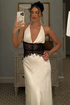 Lace Patchwork Backless Halter Dress