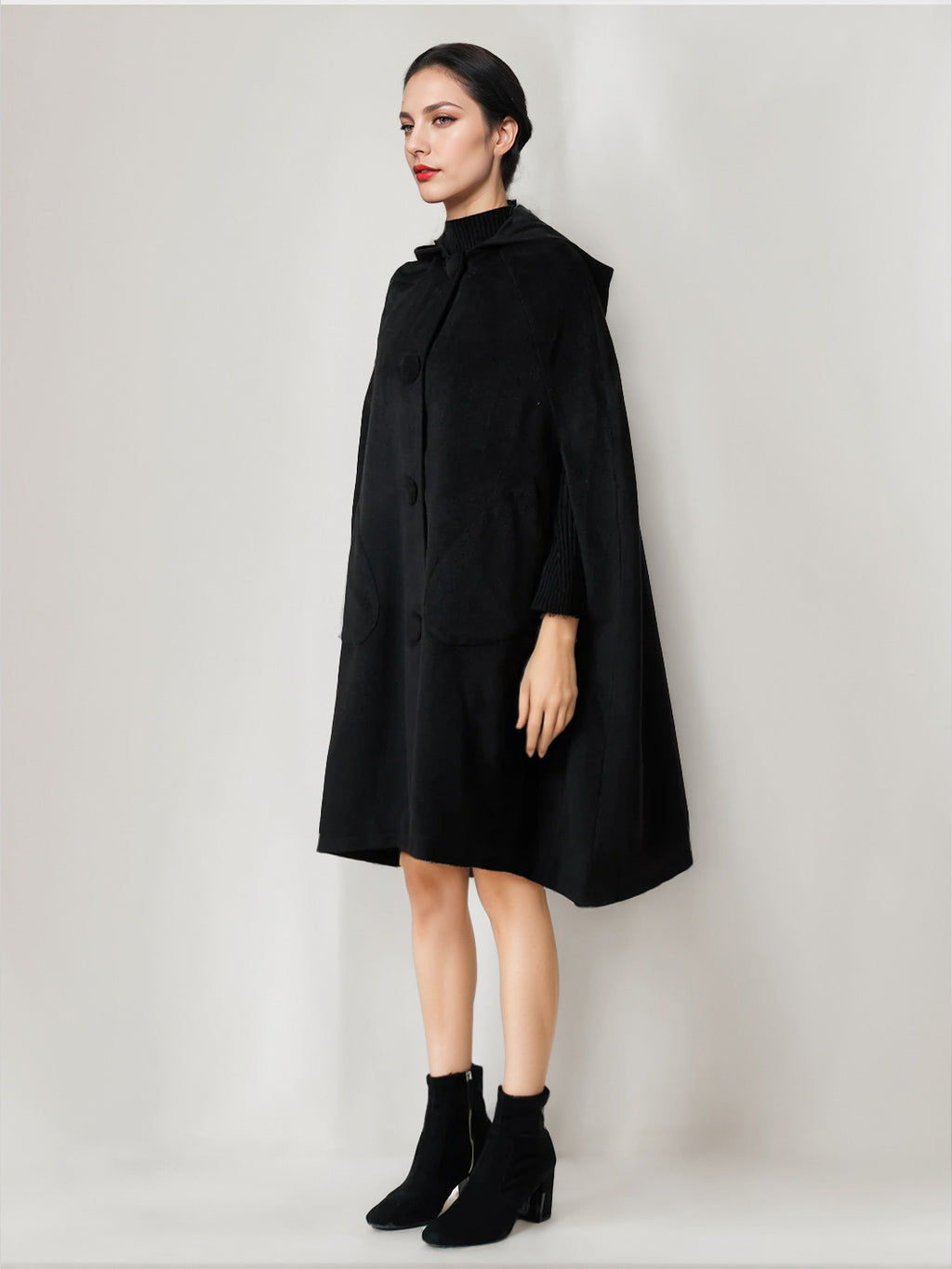 Black Woolen Cape Coat With Hood Oversized Poncho Winter Outerwear For Women 2026