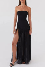 Lizzy Exclusive Strapless Semi Sheer Patchwork Chiffon Maxi Dress Statement Occasion Edit