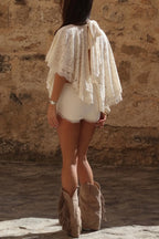 Stylish Openwork Lace Loose Top and Side Zipper Slim-fit Shorts Set