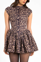 Print Crew Neck Cap Sleeve Fit and Flare Puff Skirt Mini Dress
