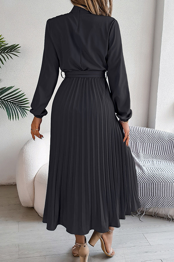 Mock Neck Lantern Sleeve Belted Pleated A-Line Midi Dress