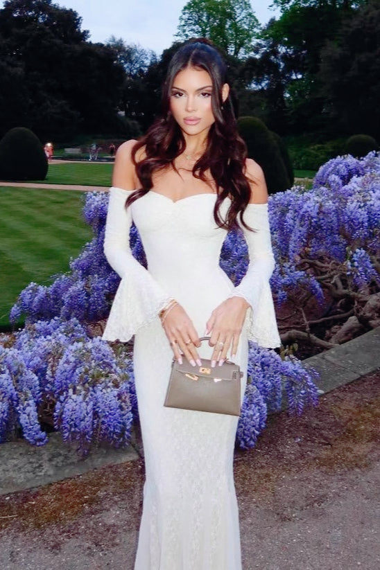 Lace Off Shoulder Bell Sleeve Sweetheart Mermaid Maxi Gown
