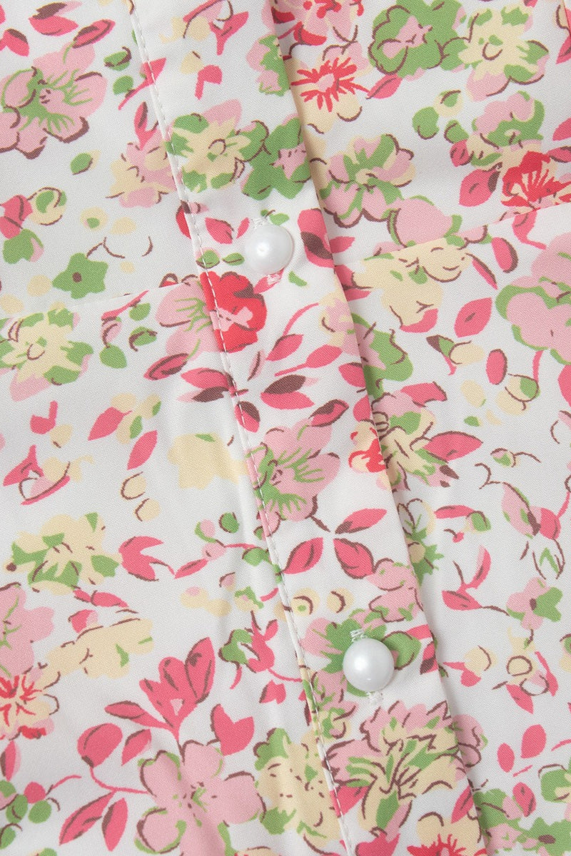 Pink Peter Pan Collar Puff Sleeve Button Front Pleated Ruffle Hem Floral Print Mini Dress