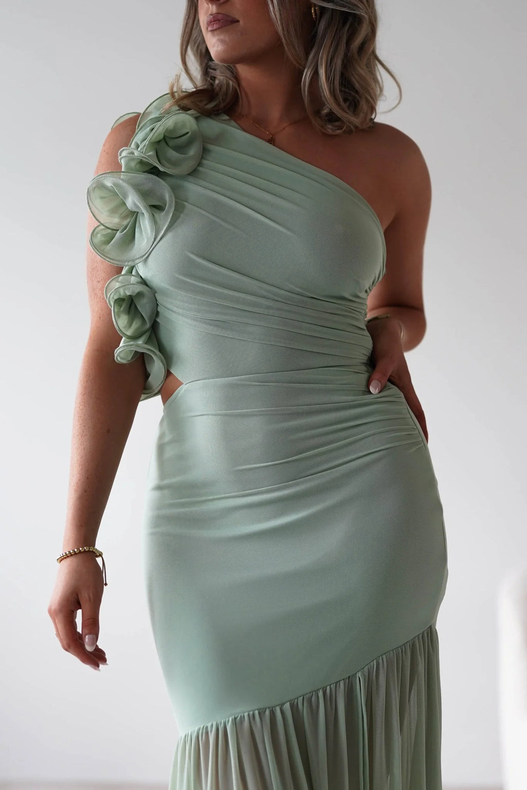 Stephanie Mesh Ruffle Maxi Dress | Sage