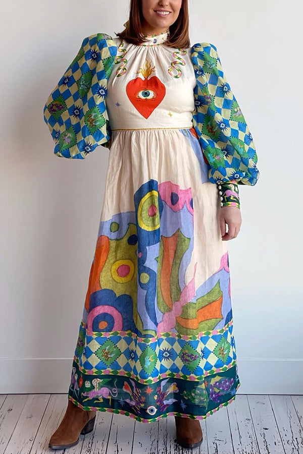 Mock Neck Lantern Sleeve Heart and Eye Graphic Print A-Line Maxi Dress