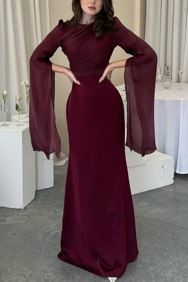 Satin Ruched High Neck Bell Sleeve Slit Mermaid Maxi Gown
