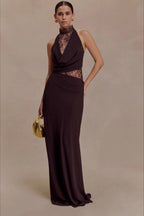 Brown Halter Lace Cowl Bodycon Dress