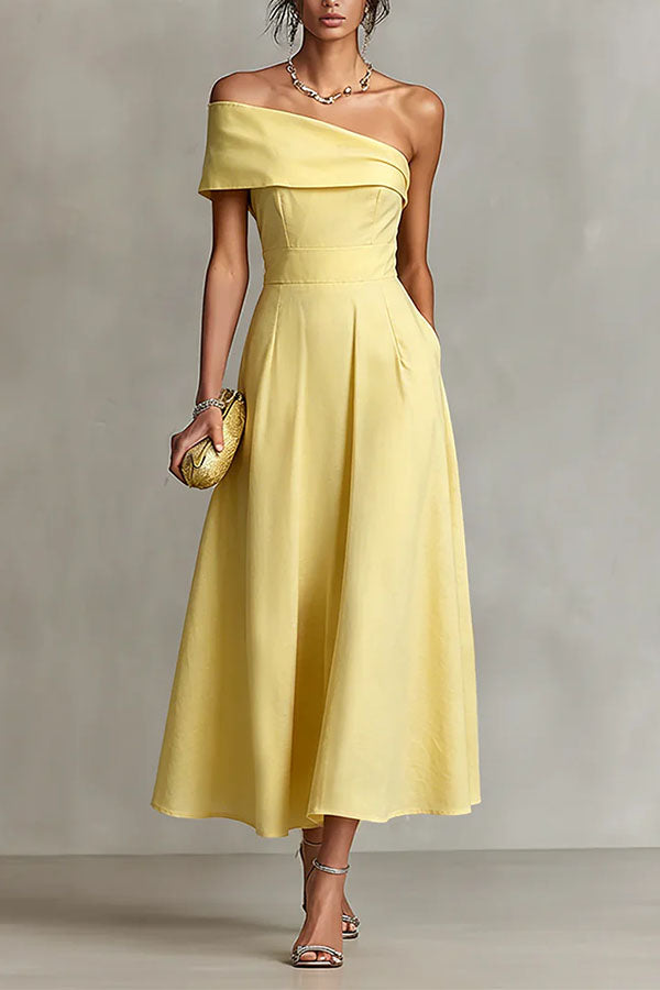 Chic One-Shoulder A-Line Midi Dress with Pockets