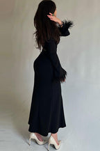 Black Feather Trim Bodycon Maxi Sweater Dress