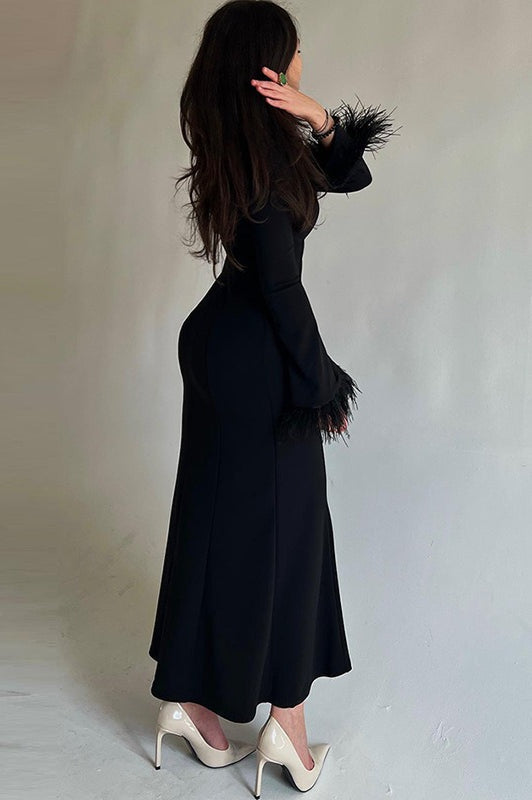 Black Feather Trim Bodycon Maxi Sweater Dress