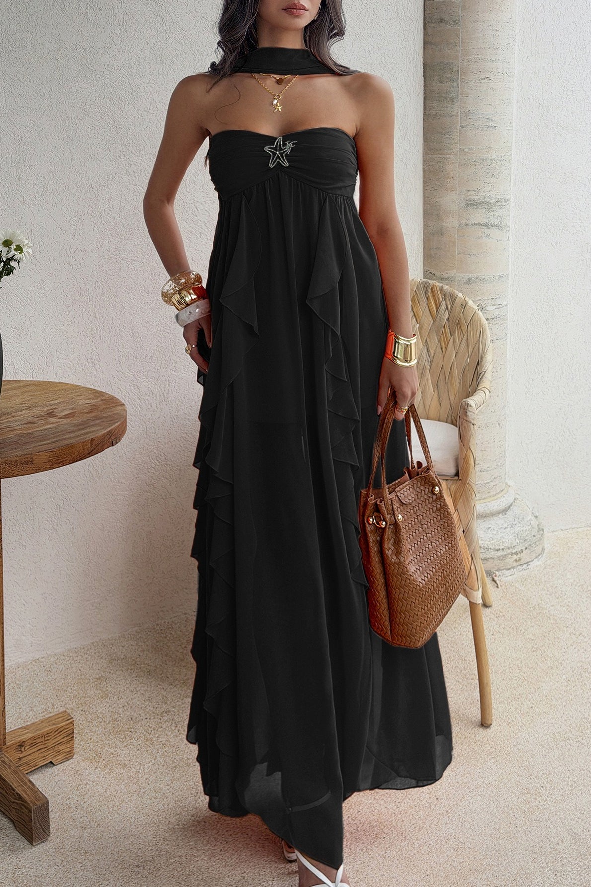 Strapless Starfish Detail Tiered Ruffle Chiffon Maxi Dress