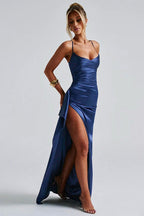 Satin Spaghetti Strap Ruched Drape High Split Bodycon Maxi Mini Dress