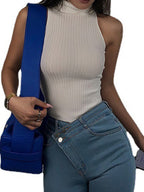 Solid Color High Neck Ribbed Knit Tank Top