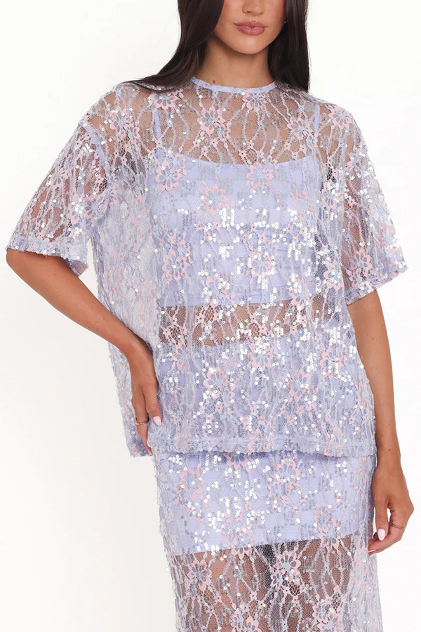 Catch The Light Sheer Sequin Lace Short Sleeve Loose Tee Top