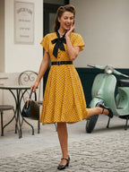 Polka Dot Shirt Dress With Tie And Belt Flutter Sleeve Vintage Midi Dress For Women 2026