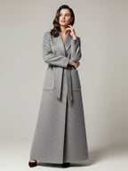 Belted Woolen Full-Length Maxi Coat With Wide Shawl Collar For Women 2026