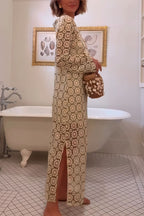 Summer Fashion Floral Crochet Cutout Fabric Long Sleeve Slit Vacation Midi Dress