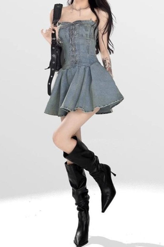 Denim Lace Up Corset Square Neck Puff Sleeve Fit and Flare Mini Dress