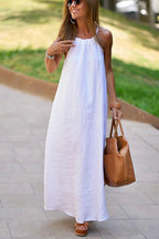 Linen Blend Halter Neck Gathered A-Line Maxi Dress